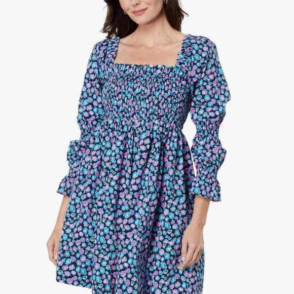 Cotton navy Lilly Pulitzer Beyond Beyonca Long Sleeve Smocked Babydoll Dress  XL - Picture 9 of 16
